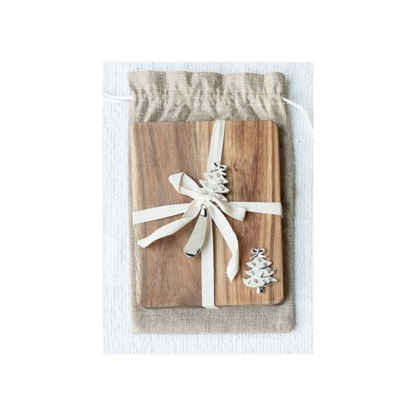 Acacia Wood Cheeseboard w Christmas Tree Spreader in Gift Bag