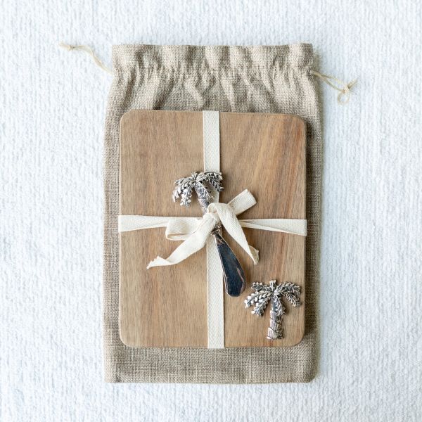 Acacia Wood Cheeseboard and Palm Tree Spreader in Gift Bag